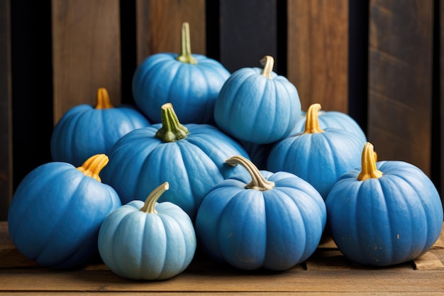 Zucche blu colorate su fondo di legno rustico per il raccolto autunnale e varietà di zucca e cibo