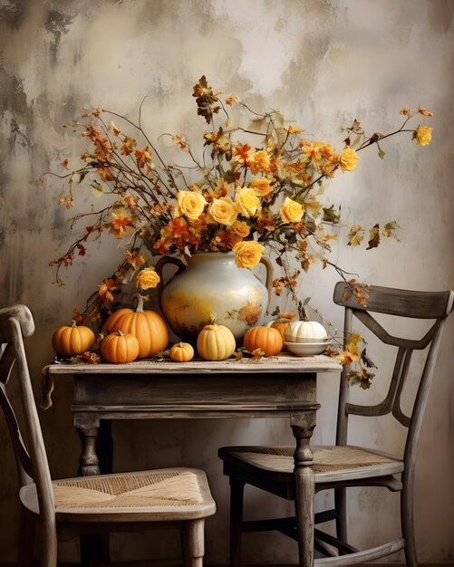 zucche decorative con fiori per l'autunno decorazione della casa concetto di halloween giorno di ringraziamento AI ge