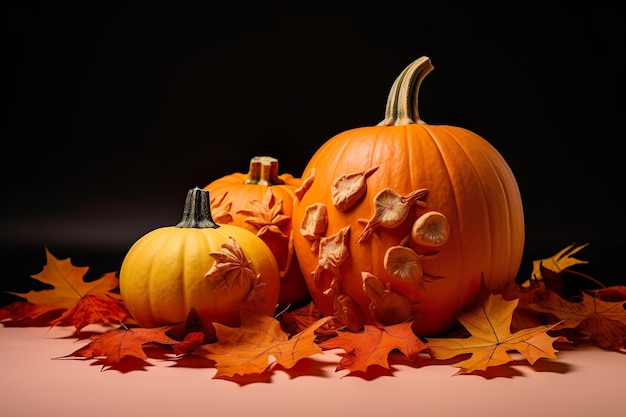 Zucche decorative e foglie autunnali per Halloween generato dall'intelligenza artificiale