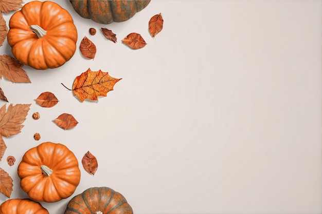 Zucche del Ringraziamento e foglie rustiche sul tavolo di legno con spazio di copia immagine generata ai