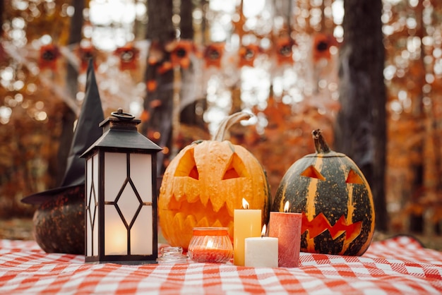 Zucche di Halloween candele altre decorazioni sul tappetino da picnic nella pineta