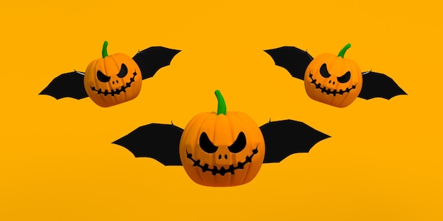 Zucche di Halloween che volano con ali di pipistrello. Copia spazio. illustrazione 3D.