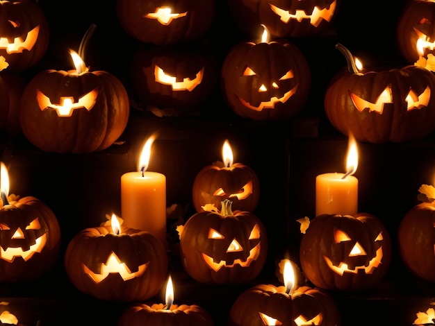 Zucche di Halloween con candele accese su sfondo scuro