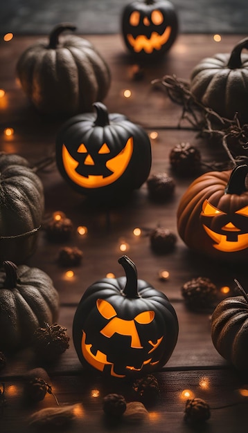 Zucche di Halloween con ghirlanda luminosa su fondo di legno scuro