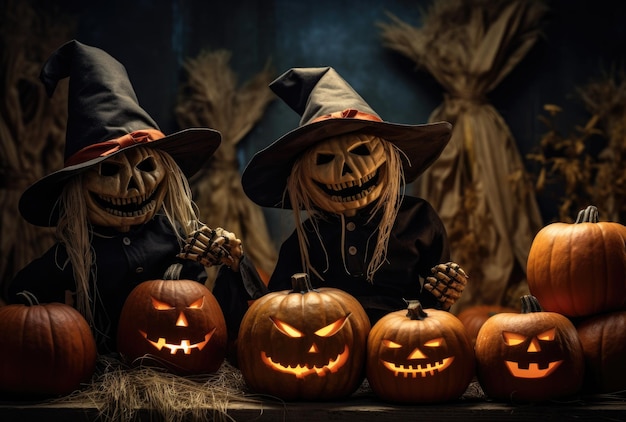 Zucche di Halloween con lanterne che indossano cappelli da stregone Personaggi ombrosi di Halloween AI generativa