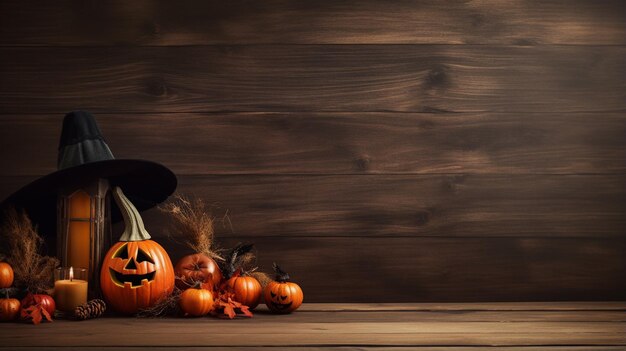 Zucche di Halloween con le candele sulla tavola di legno