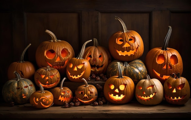 Zucche di Halloween con occhi e bocca ritagliati AI Generativa