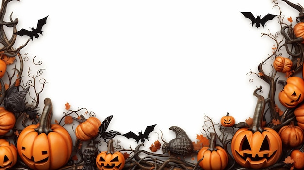 zucche di Halloween con pipistrelli e pipistrelli su sfondo bianco.