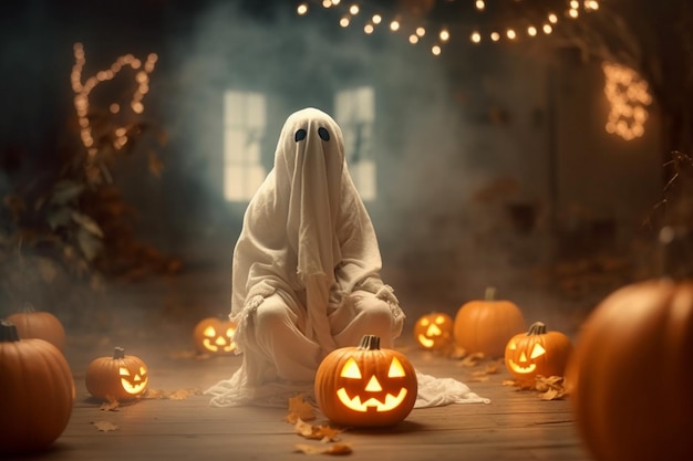 zucche di Halloween con un fantasma sullo sfondo.