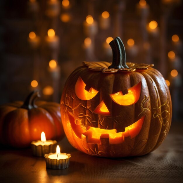 Zucche di Halloween dagli occhi luminosi Sfondo in legno energico e audace con stile gotico nebbioso