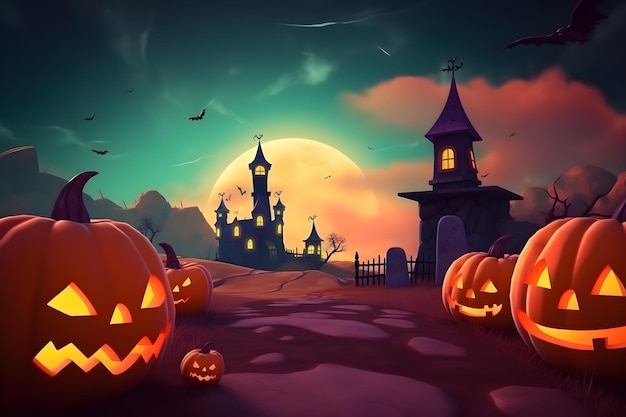Zucche di Halloween davanti a un castello con la luna piena sullo sfondo.