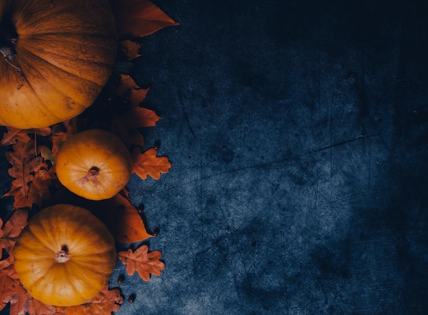 Zucche di Halloween di autunno su fondo di legno