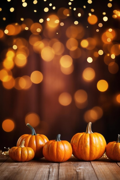 Zucche di Halloween di ringraziamento felice sulla tavola di legno con il fondo delle luci