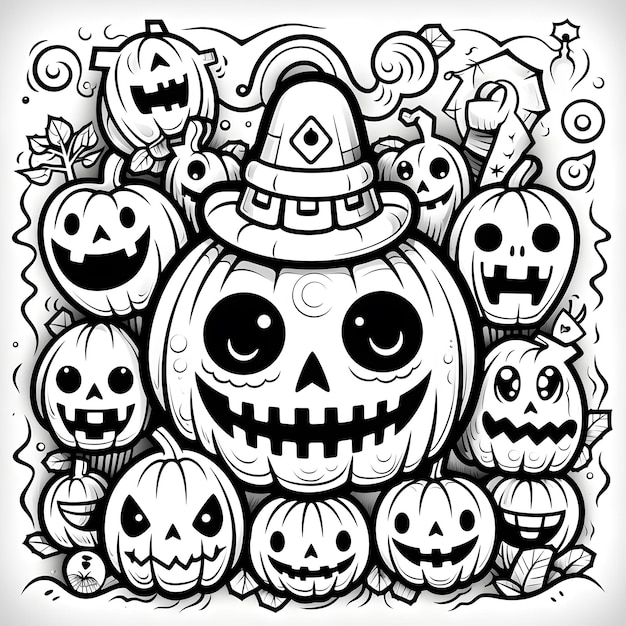 Zucche di Halloween disegnate per colorare il contorno in bianco e nero