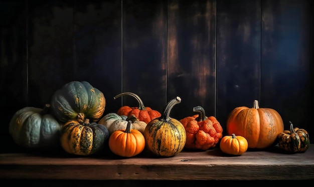 Zucche di Halloween e altre decorazioni autunnali allineate su uno sfondo di legno nero