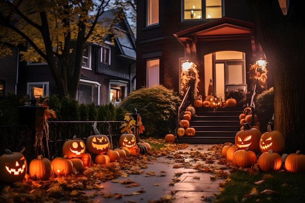 Zucche di Halloween e decorazioni al di fuori di una casa Vista notturna di una casa con decorazioni di Halloween