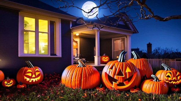 Zucche di Halloween e decorazioni all'esterno di una casa Veduta notturna di una casa