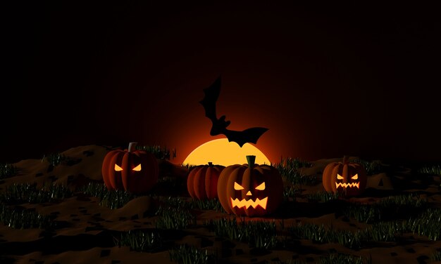 Zucche di Halloween e pipistrelli volanti al chiaro di luna nella notte spettrale. Festa di Jack O Lantern. Rendering 3D