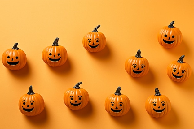 Zucche di Halloween giocattoli di plastica su sfondo arancione JackOLantern per la celebrazione di Halloween Happy Halloween concept Festa di ottobre tradizionale Sfondo vacanza autunnale o biglietto di auguri
