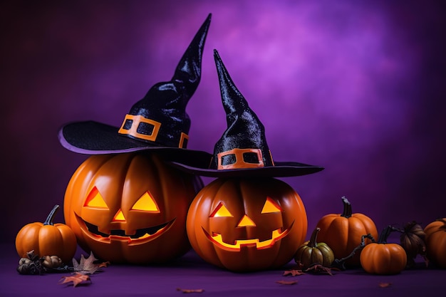 zucche di Halloween in cappelli di streghe su sfondo viola