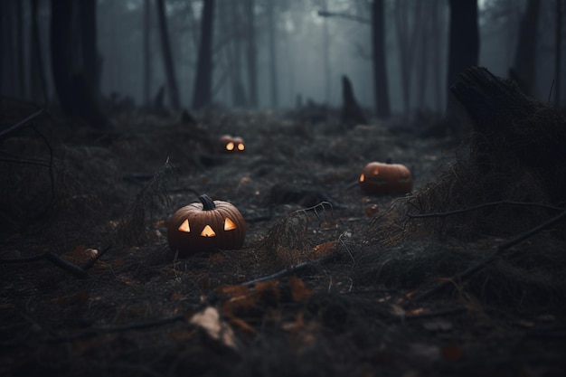 Zucche di Halloween in una foresta oscura con uno sfondo nebbioso