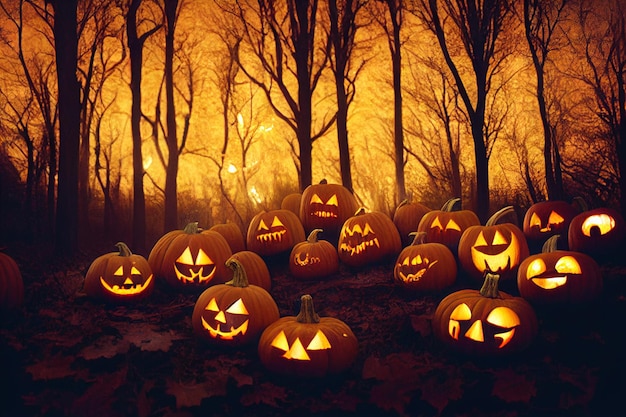 Zucche di Halloween in una foresta spettrale di notte illustrazione 3D