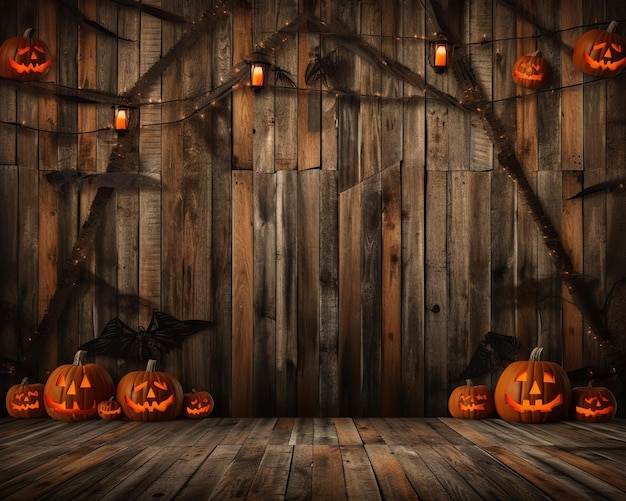 Zucche di Halloween in una stanza di legno con un ramo di albero e luci