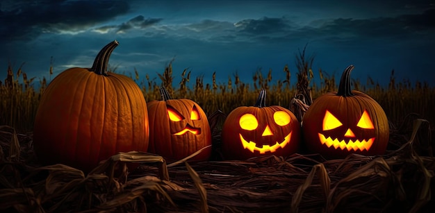 Zucche di Halloween Jacko'Lanterns che brillano nel buio al tramonto IA generativa