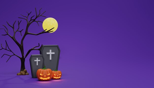Zucche di Halloween luna tomba e albero felice halloween su sfondo viola isolato rendering 3d