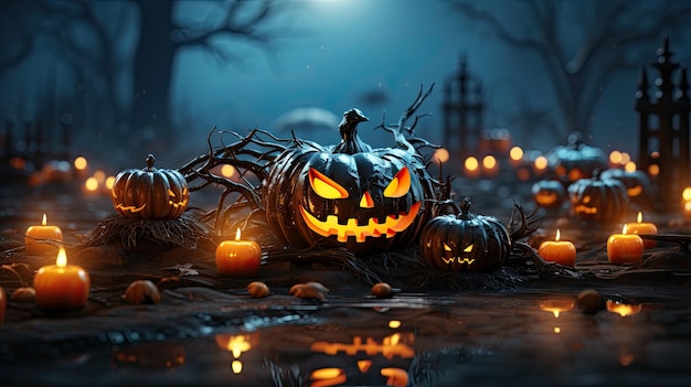 Zucche di Halloween nella foresta spettrale durante il rendering 3D notturno