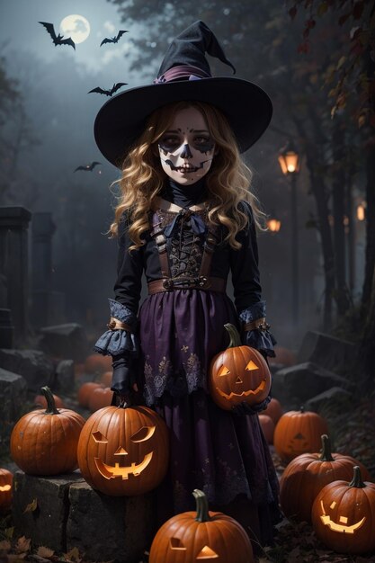 zucche di Halloween per bambini con zucche e una ragazza in costume di Halloween.