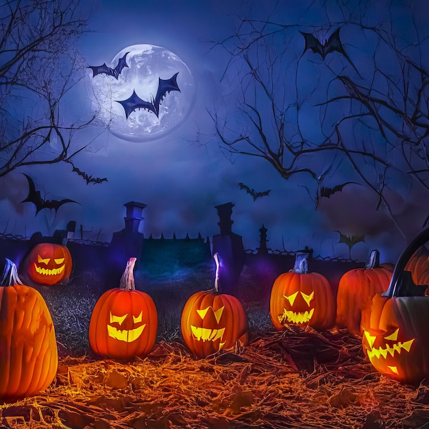 Zucche di Halloween pipistrelli e un cimitero in una notte di luna prima di Halloween
