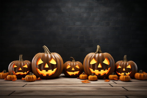 Zucche di Halloween renderizzate in 3D su sfondo rustico in legno con lanterne jack o