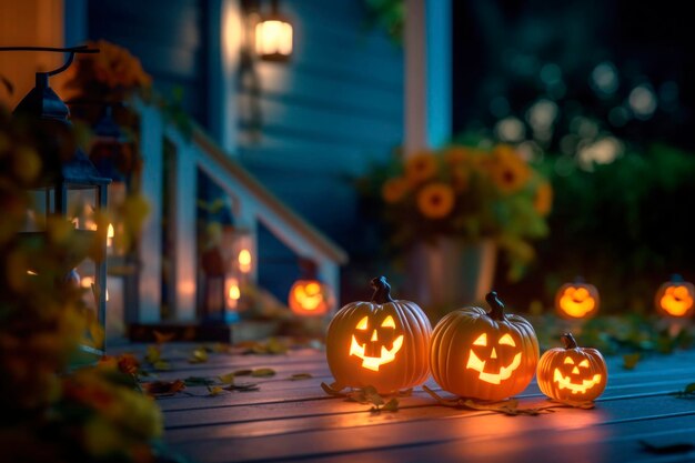 Zucche di Halloween spaventose con lanterna jack durante il portico diurno con scale vicino alla casa all'aperto Decorazione della vigilia di Halloween zucca sullo sfondo di Halloween all'aria aperta generato AI