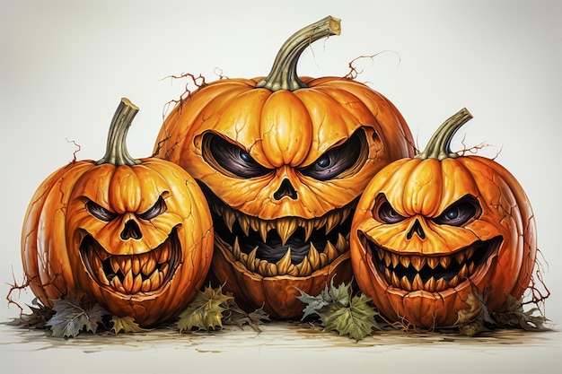 Zucche di Halloween spaventose disegnate con acquerello su sfondo isolato