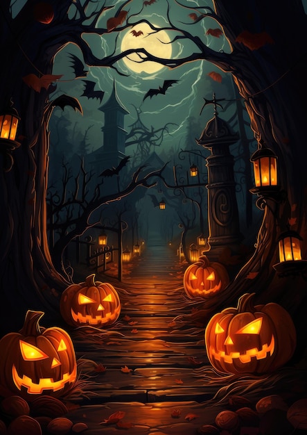 Zucche di Halloween spettrali Foresta spaventosa Notte di Halloween spaventosa Ai generativa