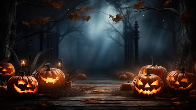 Zucche di Halloween spettrali nella notte Sfondo di Halloween con jack o lantern al chiaro di luna Creato con Generative AI