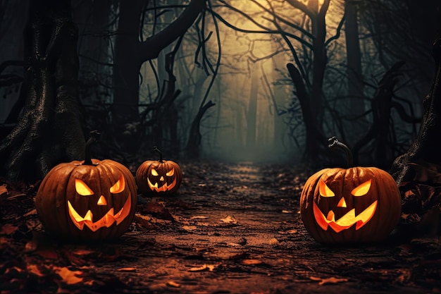 Zucche di Halloween su legno in una foresta spettrale di notte