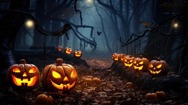 Zucche di Halloween su legno in una foresta spettrale di notte