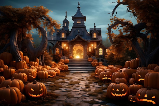 zucche di Halloween su un castello con una casa illuminata sullo sfondo.