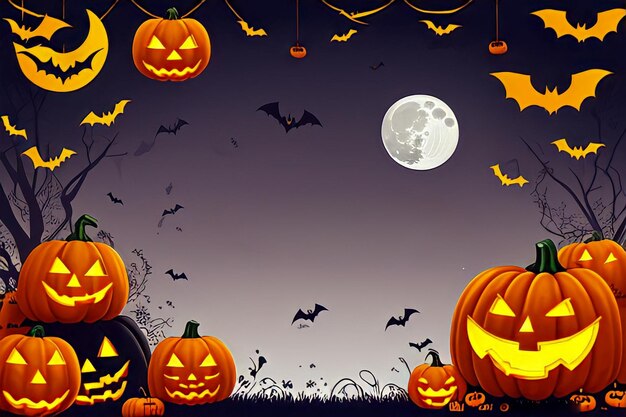 zucche di Halloween su uno sfondo scuro con la luna sullo sfondo