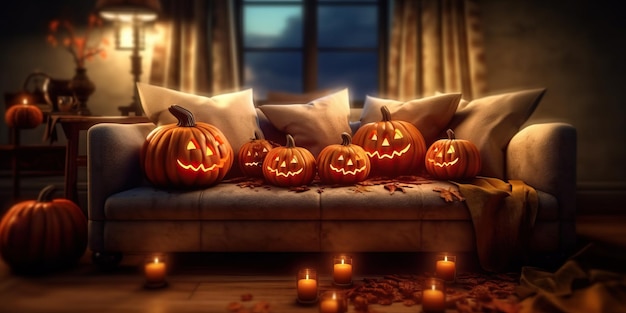 zucche di halloween sul divano con lanterne
