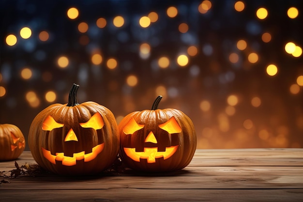 Zucche di Halloween sulla tavola di legno con sfondo di luci bokeh