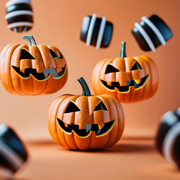 Zucche di Jack o lantern che galleggiano sul concetto felice di Halloween del fondo arancione