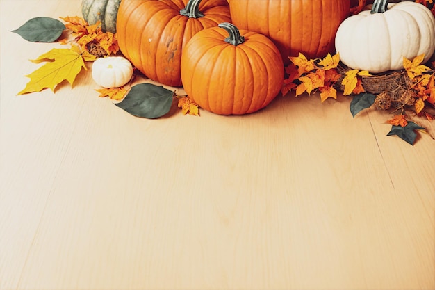 zucche di Ringraziamento e foglie rustiche su tavolo di legno con spazio di copia ai immagine generata