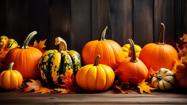zucche di ringraziamento e halloween su uno sfondo di legno scuro