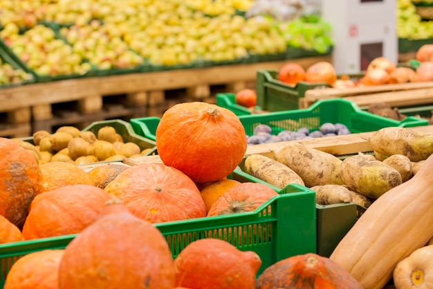 Zucche e altre verdure e frutta al supermercato
