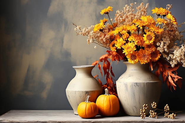 Zucche e bouquet di fiori d'arancio su sfondo grigio squallido copiano lo spazio per il testo IA generativa