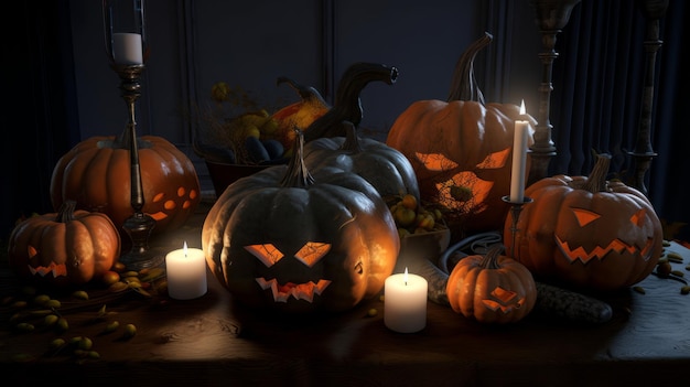 Zucche e candele di Halloween su un vecchio tavolo di legnoAi generativo