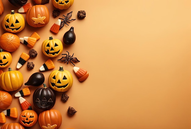 zucche e dolcetti di halloween su uno sfondo beige